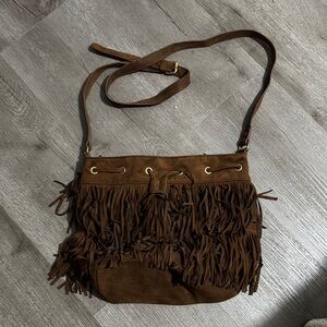Express Brown Suede Crossbody Bag with Fringe